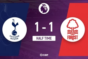 Hiệp 1 - Tottenham tạm dẫn Forest 1-1, Werner đá phản lưới nhà và Wood gỡ hòa cho hàng phòng ngự kém cỏi của Tottenham